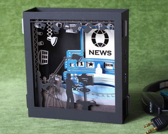 TV studio invitation gift program channel news. Television show film production director. Video production. Paper pop up model - card. Promo