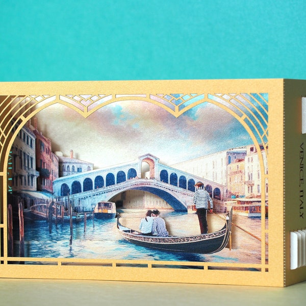 Carte pop-up en papier Venise Italie. Cadeau Venezia Italia. Cadeau 3D italien. Cartes modèles Shadowbox. Personnalisation. SMS personnalisé