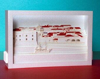 Croatia Dubrovnik Adriatic sea pop up card. Paper art gifts. Artwork miniature craft handmade. Boat, houses, architecture. Mediterranean Sea