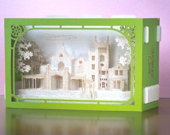 Wedding pop up wedding invitation. Lyndhurst on Hudson River in Tarrytown, New York, Lyndhurs. Laser cut shadow box miniature. RSVP inserts