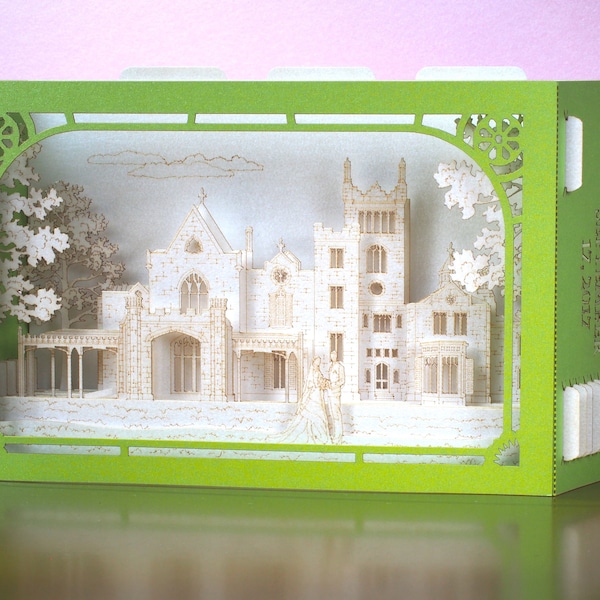 Wedding pop up wedding invitation. Lyndhurst on Hudson River in Tarrytown, New York, Lyndhurs. Laser cut shadow box miniature. RSVP inserts