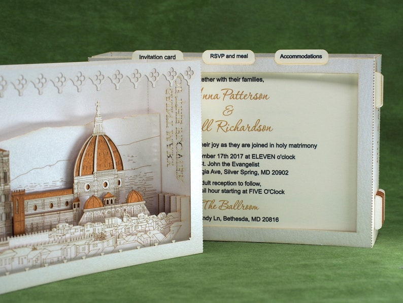 Florence Trouwuitnodigingen. Kathedraal van Sint-Maria van de Bloem. Pop-up 3D-papier gesneden kaarten, Colibrigift-uitnodigingen. Gepersonaliseerde doos RSVP afbeelding 3