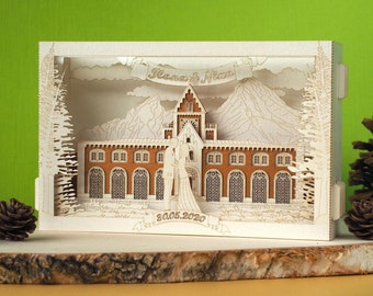 Wedding Germany. Bad Reichenhall, Deutschland. Alte Saline. Paper pop up 3d invitations. Bride, groom figures, info-inserts. Box