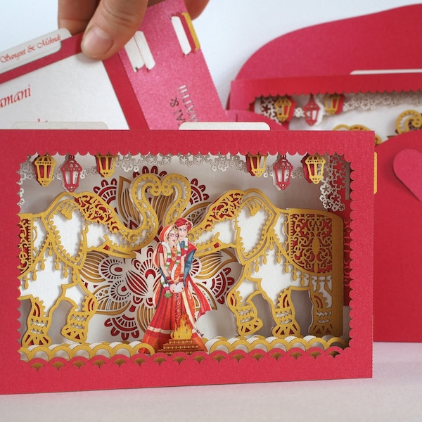 Indian wedding invitation card. Mandap, elephants, torch flowers. India bride groom. Hindustani, Hindu Brahmin, Hindoo. Mandaps Custom RSVP