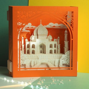 Taj Mahal. Miniature en papier. Inde Agra Couronne du mausolée du Palais. Objet d'art artisanal pop-up. Décoration de style indien. Modèle d'architecture hindoue image 6