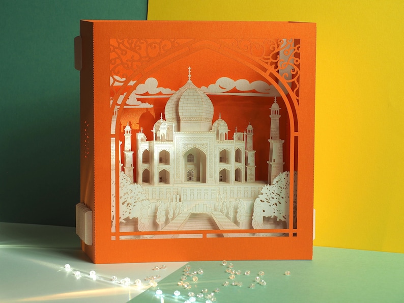 Taj Mahal. Miniature en papier. Inde Agra Couronne du mausolée du Palais. Objet d'art artisanal pop-up. Décoration de style indien. Modèle d'architecture hindoue image 6