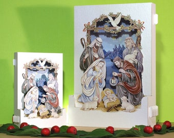 Kerst miniatuur kerststal. Heilige nacht. Jezus geboorte. Het vak Papierschaduw verschijnt. Lasergesneden kunst. Moeder Maria, Jozef, Engel, heilige ster