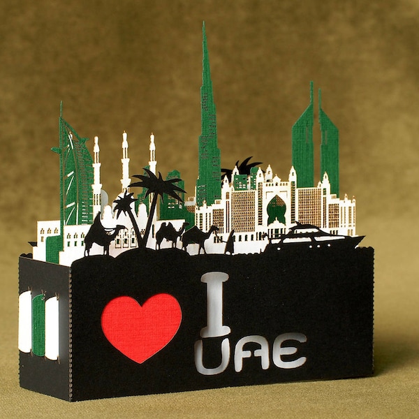 I love UAE United Arab Emirates Abu Dhabi Dubai. Arabic Islam. Arabian gifts. Pop up paper art gifts. Miss you! Thinking of you! Asia travel