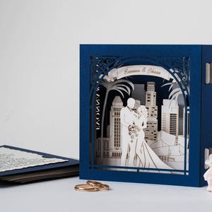 Los Angeles Landmarks Skylines. Save the Date Wedding pop up cards Personalized paper box. Bride Groom figures. RSVP inserts customization image 2