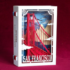 California San Francisco Golden Gate Bridge. Pop up card. American cards. I love America. Paper model miniature art-work memento USA