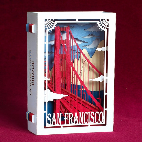 Puente Golden Gate de San Francisco, California. Tarjeta emergente. Tarjetas americanas. Me encanta América. Modelo de papel recuerdo de obra de arte en miniatura EE.UU.