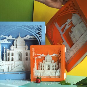 Taj Mahal. Miniature en papier. Inde Agra Couronne du mausolée du Palais. Objet d'art artisanal pop-up. Décoration de style indien. Modèle d'architecture hindoue image 7