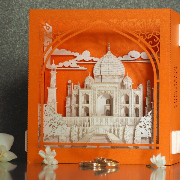 Indian wedding stationary. Taj Mahal, Hindu invitation box card. Invitations info RSVP inserts, envelope. Marriage invite cards Personalized