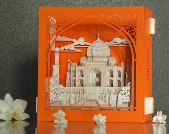 Taj Mahal Inde Agra Couronne du mausolée du palais. Monuments indiens. Miniature de papier d'architecture du monde. Je vous aime merci Je pense à vous