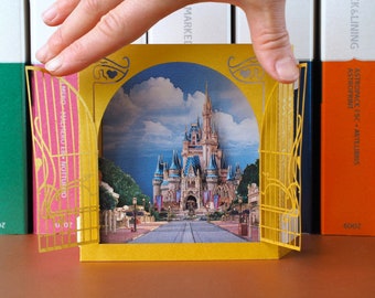 Castle Magic Kingdom paper miniature gift card. Gold Chateau. Fairytale Palace. Child, kids birthday gifts. Greeting pop up cards Gates open