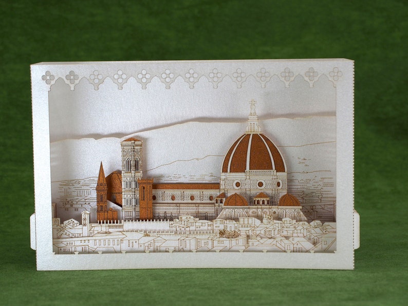 Florence Trouwuitnodigingen. Kathedraal van Sint-Maria van de Bloem. Pop-up 3D-papier gesneden kaarten, Colibrigift-uitnodigingen. Gepersonaliseerde doos RSVP afbeelding 4