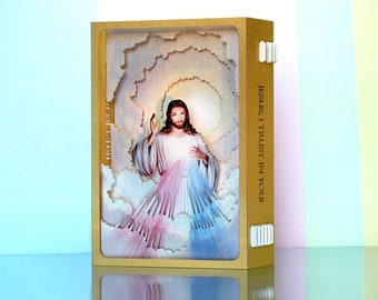 Jesus I trust in You Icon. Pop up card. Divine Mercy Prayer Cards. God. Religious cards, gifts. Jesus with red pink and blue rays. Church
