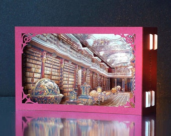 Klementinum Library Prague. Paper pop up miniature box card. Kirigami cards. Old Library. Praha. baroque library, books. Reader's dream gift