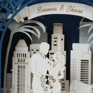 Los Angeles Landmarks Skylines. Save the Date Wedding pop up cards Personalized paper box. Bride Groom figures. RSVP inserts customization image 6