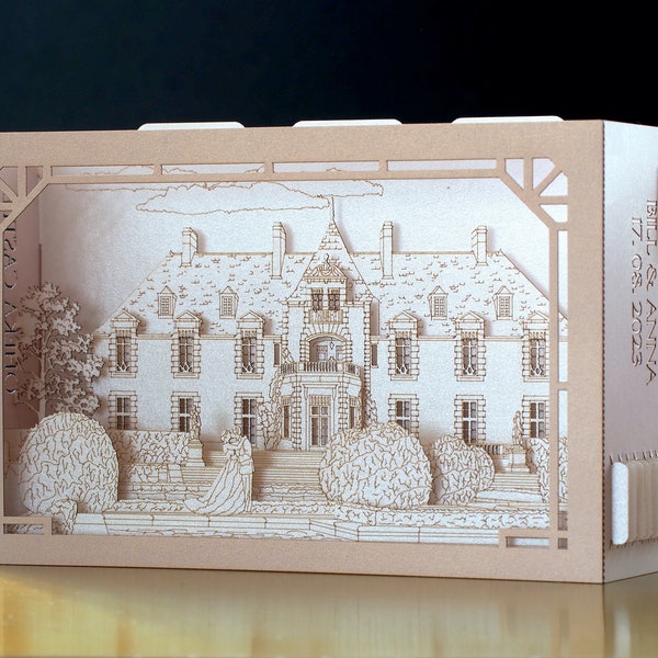 Oheka Castle wedding invitations. Marriage venue. USA weddings. Pop up paper miniature Palace. Laser cut 3d box with RSVP. Huntington, NY