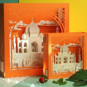 Taj Mahal. Miniature en papier. Inde Agra Couronne du mausolée du Palais. Objet d'art artisanal pop-up. Décoration de style indien. Modèle d'architecture hindoue image 2