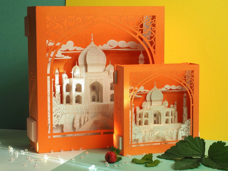 Taj Mahal. Miniature en papier. Inde Agra Couronne du mausolée du Palais. Objet d'art artisanal pop-up. Décoration de style indien. Modèle d'architecture hindoue image 2