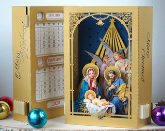 Nativity Christmas Pop up paper miniature scene. Jesus Christ Baby Holy Birth and Virgin Mother Mary. Holy Night Star, Magi. Crib model