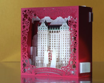 Wedding Plaza Hotel Nueva York, invitación emergente. Lugar de celebración de bodas, Estados Unidos. Modelo 3d en miniatura de caja de papel. Confirme su asistencia a invitaciones de boda. Colibrígalo