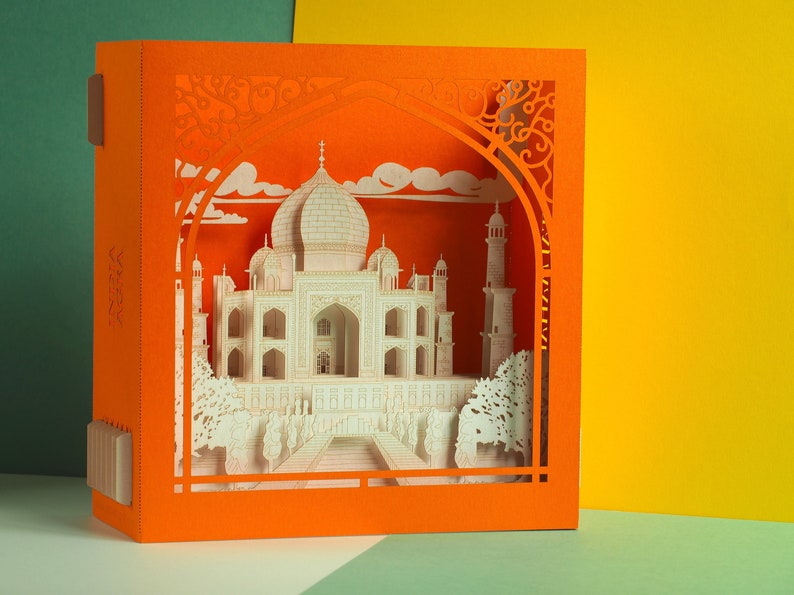 Taj Mahal. Miniature en papier. Inde Agra Couronne du mausolée du Palais. Objet d'art artisanal pop-up. Décoration de style indien. Modèle d'architecture hindoue image 9