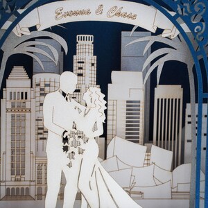 Los Angeles Landmarks Skylines. Save the Date Wedding pop up cards Personalized paper box. Bride Groom figures. RSVP inserts customization image 7