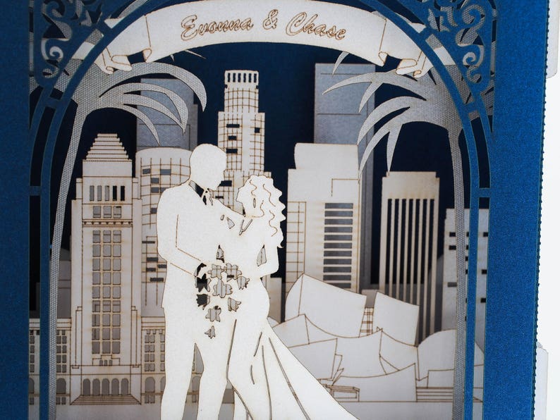 Los Angeles Landmarks Skylines. Save the Date Wedding pop up cards Personalized paper box. Bride Groom figures. RSVP inserts customization image 7