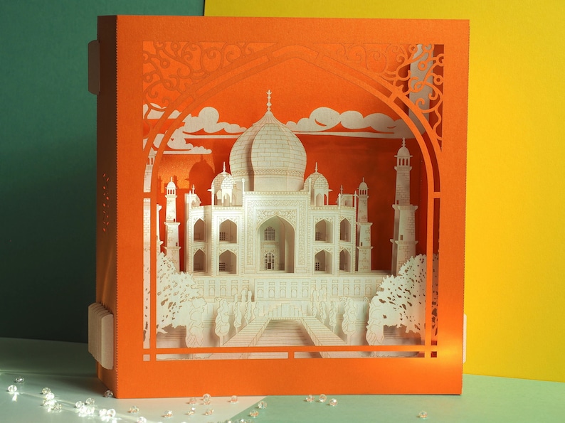 Taj Mahal. Miniature en papier. Inde Agra Couronne du mausolée du Palais. Objet d'art artisanal pop-up. Décoration de style indien. Modèle d'architecture hindoue image 4