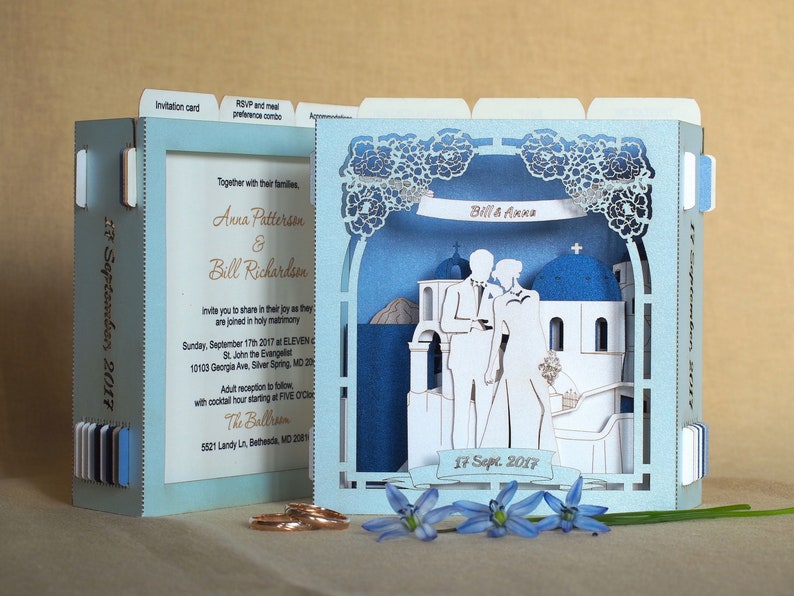 Wedding invitations. Santorini Greek wedding card. Destination Greece Island. Greek Save the Date. RSVP cards invites. Custom personalized image 2