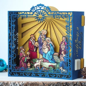 Christmas pop up card. Nativity Scene Holy Crib. Jesus God Baby Birth. Holy Night Virgin Mary Angels. Card Pastor gift. Church paper model