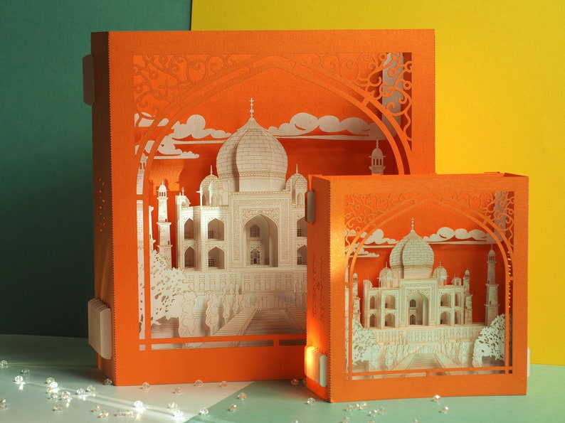 Taj Mahal. Miniature en papier. Inde Agra Couronne du mausolée du Palais. Objet d'art artisanal pop-up. Décoration de style indien. Modèle d'architecture hindoue image 8