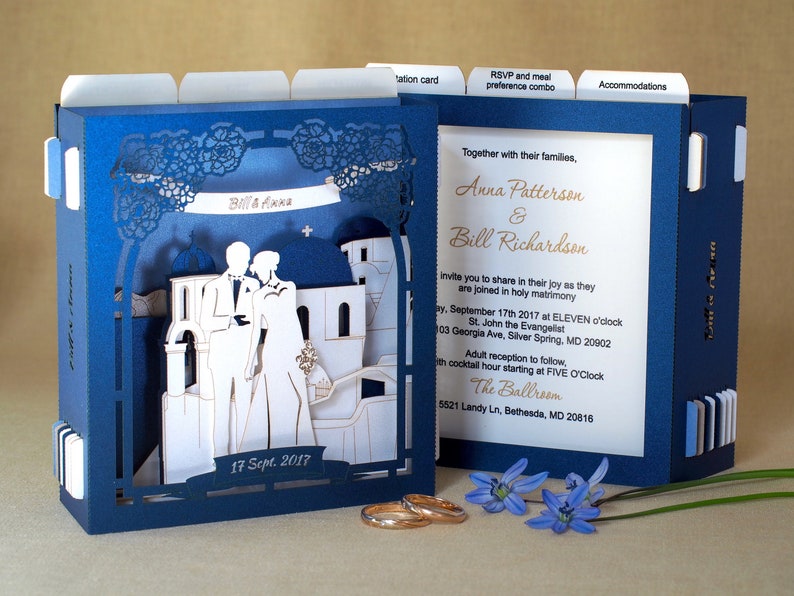 Wedding invitations. Santorini Greek wedding card. Destination Greece Island. Greek Save the Date. RSVP cards invites. Custom personalized image 1