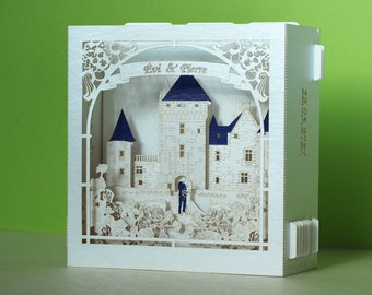 Château du Rivau castle-palace in Lémeré (Indre-et-Loire), Touraine region of France. Paper pop up 3d box wedding invitation card, RSVP.