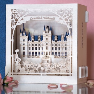 Wedding invitation. Paper pop up invite card. Castle Chateau de Challain France. RSVP inserts. Couple, fountain, arch, roses. Gift envelope