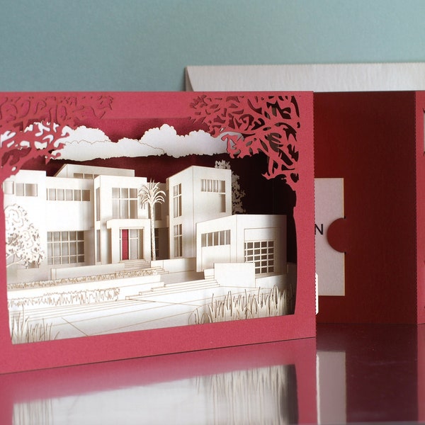 House architecture paper model miniature. Gift company customers. Thank you cards. Pop up card. Custom design. Villa Logo private residence