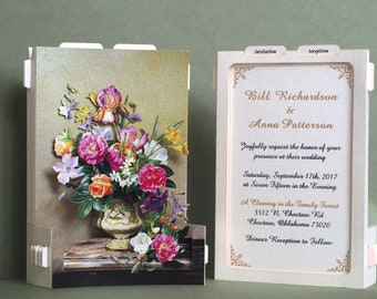 Wedding flower invitation. Flowers miniature. Rose, iris, aquilegia, clematis. Paper pop up 3d invite with RSVP inserts. Event invitations.