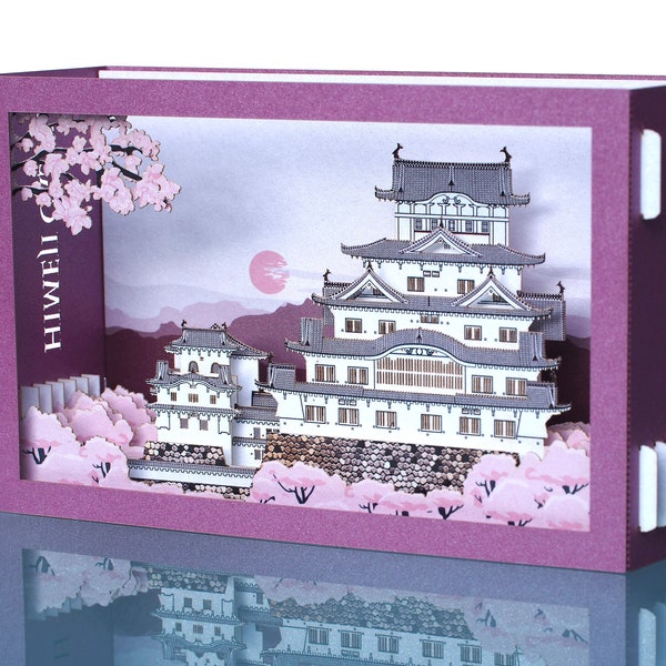 Japon Château de Himeji. Carte pop-up en papier. Art miniature de l'architecture Kirigami. Himeji-jō. Cartes japonaises. Cadeaux pour monuments. Boîte découpée au laser 3D