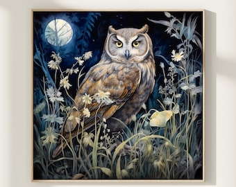 William Morris Inspired Owl Art Print, Bird Print, Owl Wall Art, Meadow Print, Owl Gift, Owl Poster, Bird Nature, Square Wall Art