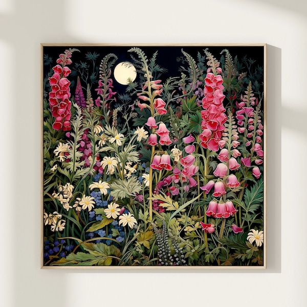 Wildflowers at Night Painting Instant Digital Download Art | Vintage Style Art l Landscape Field Painting