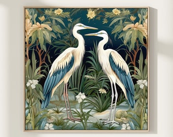 Puede incluir: Dos garzas blancas con marcas azules y grises se encuentran de frente en un exuberante entorno de bosque tropical verde. Las aves están rodeadas de grandes hojas verdes y flores blancas. El fondo es azul oscuro con estrellas blancas.