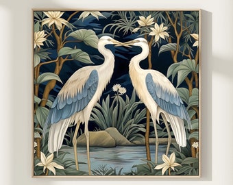 Puede incluir: Dos garzas blancas con alas azules se representan en un exuberante entorno de jungla verde oscuro. Las aves se enfrentan con sus picos tocándose, creando una escena romántica y serena. El fondo presenta un estanque y follaje tropical, lo que aumenta la sensación general de tranquilidad.