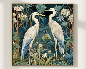 Impresión del arte del cartel de la plaza del pájaro de la garza azul, pintura de arte retro animal