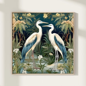 Blue Heron Bird Square Poster Art Print, Animal Retro Artwork Painting