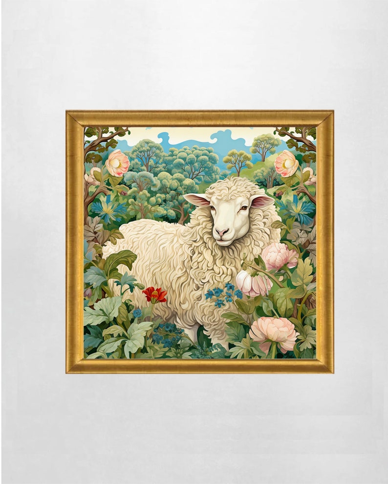 Sheep Art Print, Sheep in Garden Painting, Vintage Sheep Painting Print ...