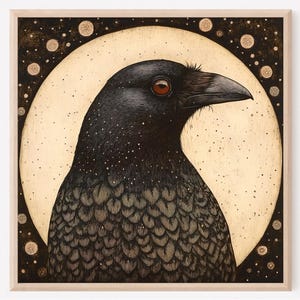 May include: A framed square wall art print featuring a detailed illustration of a black crow in profile. The bird is set against a large, pale yellow circular moon background surrounded by a dark sky with small, scattered circular light patterns.