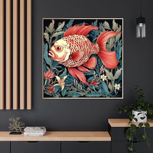 Printable Fish Painting, Red Cichlid Fish Art Print, Dark Wall Art, Digital Download